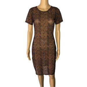 Ed Hardy Brown Tiger Print Mesh Crewneck Mini Cover Up Dress